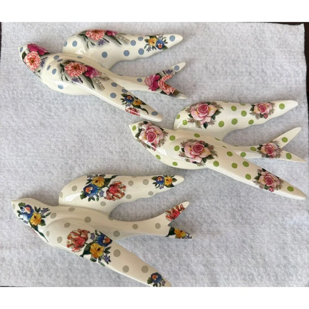MacKenzie-Childs Ceramic Wildflower Swallowtail Wall Decor Set of 3 Polka Dot 6" - Picture 2 of 11
